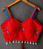 Red navratri designer readymade blouse for women | embroidered garba choli with shell tassel work