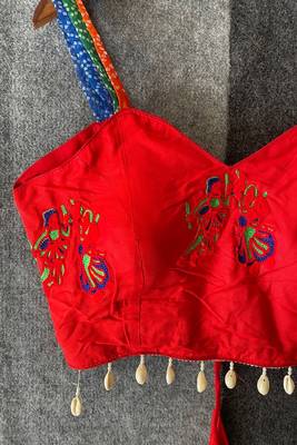 Red navratri designer readymade blouse for women | embroidered garba choli with shell tassel work 2