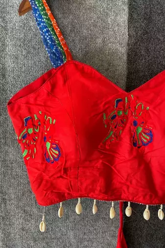 Red navratri designer readymade blouse for women | embroidered garba choli with shell tassel work