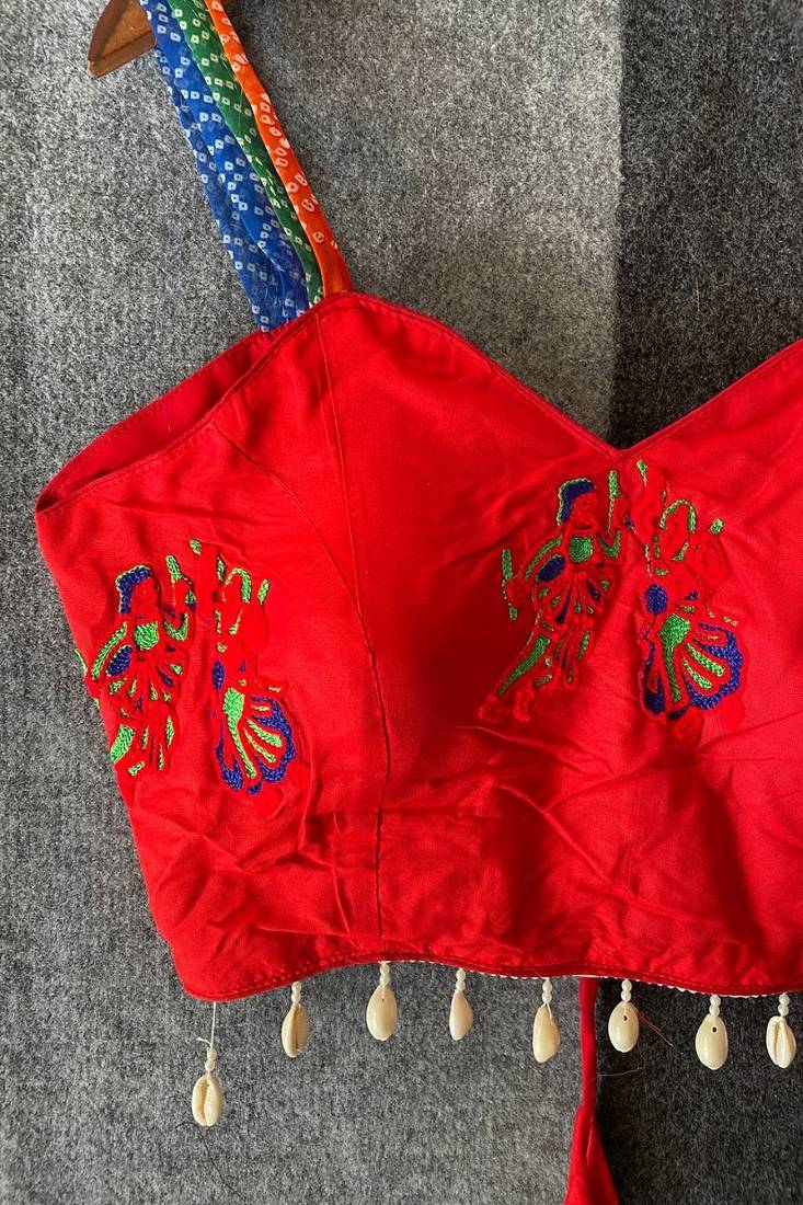 Red navratri designer readymade blouse for women | embroidered garba choli with shell tassel work