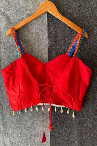 Red navratri designer readymade blouse for women | embroidered garba choli with shell tassel work