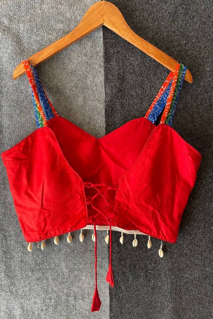 Red navratri designer readymade blouse for women | embroidered garba choli with shell tassel work