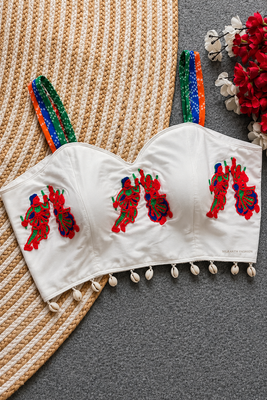 White navratri designer readymade blouse for women | embroidered garba choli with shell tassel detailing 1