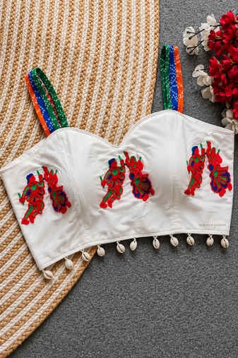 White navratri designer readymade blouse for women | embroidered garba choli with shell tassel detailing