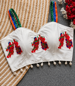 White navratri designer readymade blouse for women | embroidered garba choli with shell tassel detailing