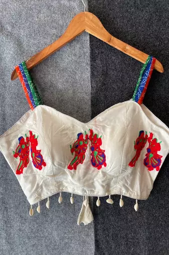 White navratri designer readymade blouse for women | embroidered garba choli with shell tassel detailing