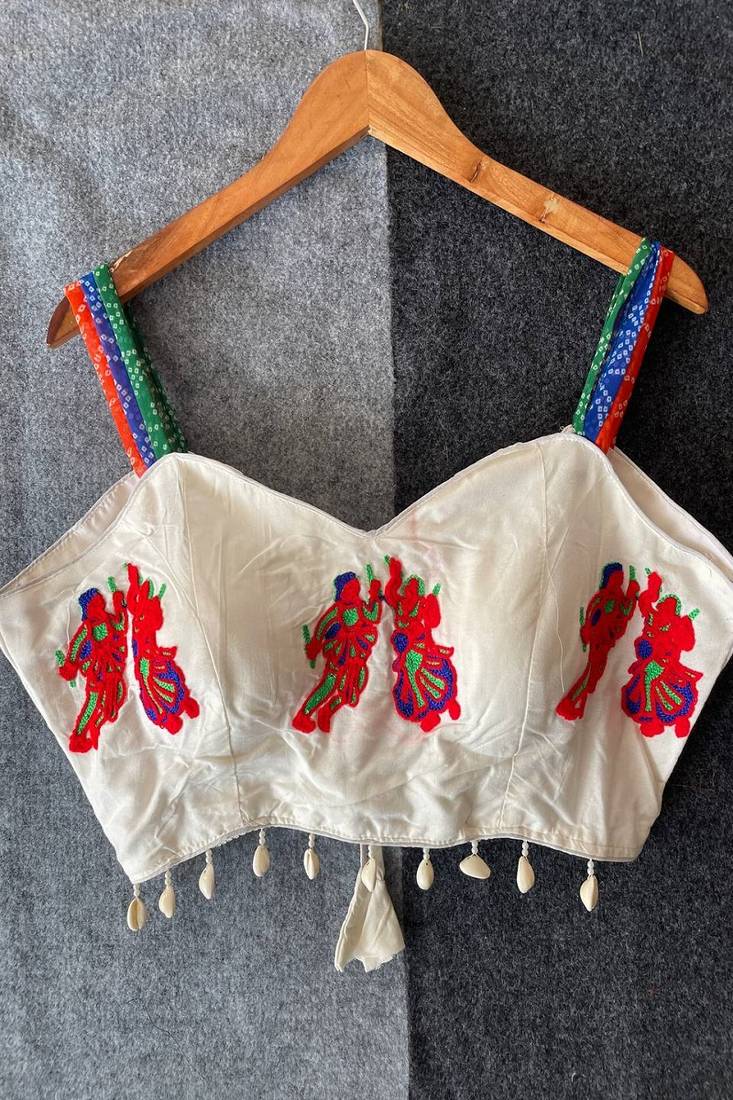 White navratri designer readymade blouse for women | embroidered garba choli with shell tassel detailing
