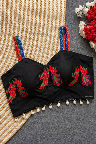 Black navratri designer readymade blouse for women | embroidered garba choli with shell tassel detailing