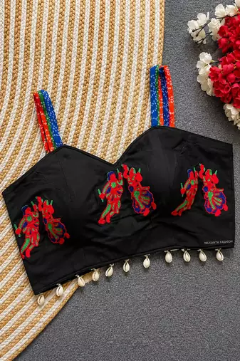 Black navratri designer readymade blouse for women | embroidered garba choli with shell tassel detailing