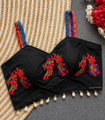 Black navratri designer readymade blouse for women | embroidered garba choli with shell tassel detailing