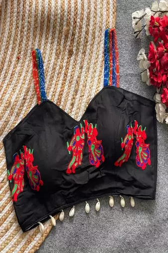 Black navratri designer readymade blouse for women | embroidered garba choli with shell tassel detailing