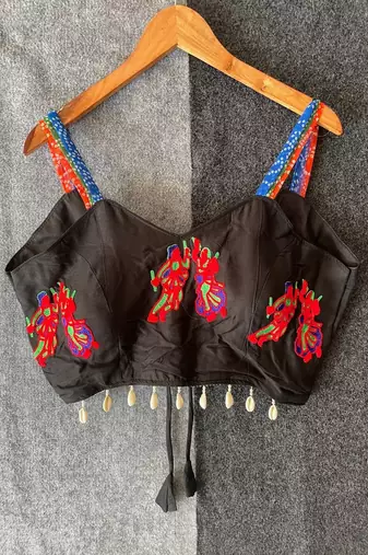Black navratri designer readymade blouse for women | embroidered garba choli with shell tassel detailing