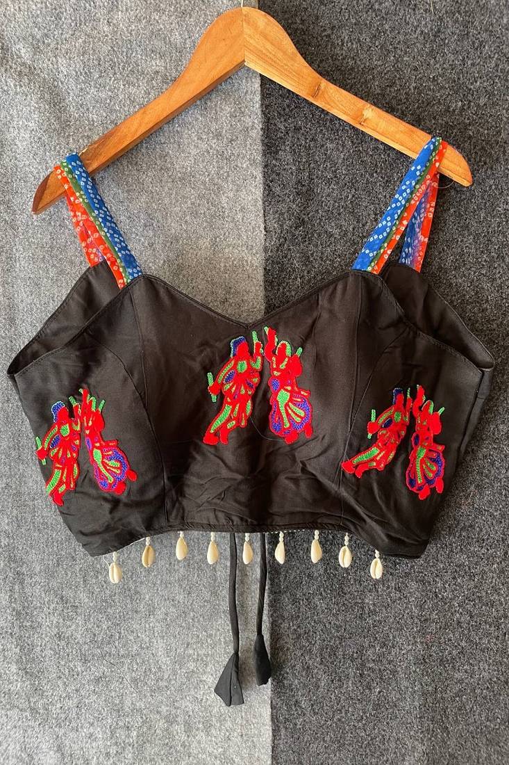 Black navratri designer readymade blouse for women | embroidered garba choli with shell tassel detailing