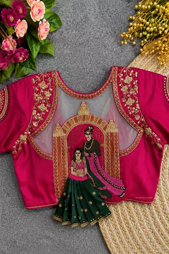 Rani pink bridal designer readymade blouse for women | couple embroidery back blouse with zari & sequins work