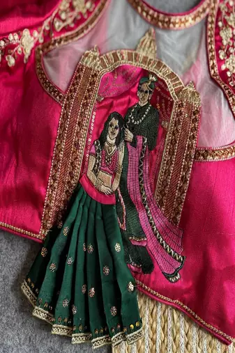 Rani pink bridal designer readymade blouse for women | couple embroidery back blouse with zari & sequins work
