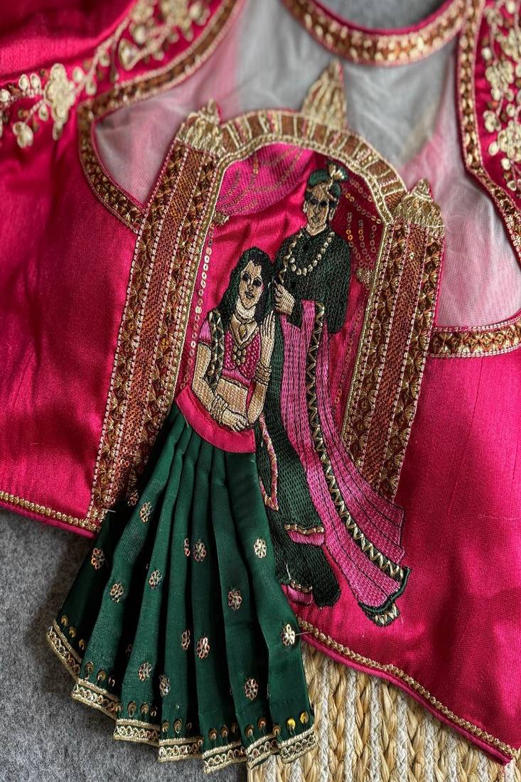 Rani pink bridal designer readymade blouse for women | couple embroidery back blouse with zari & sequins work
