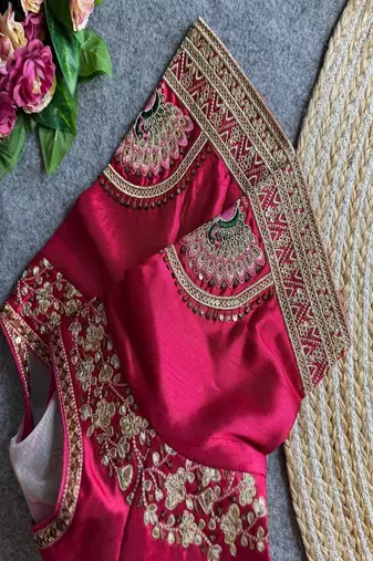 Rani pink bridal designer readymade blouse for women | couple embroidery back blouse with zari & sequins work