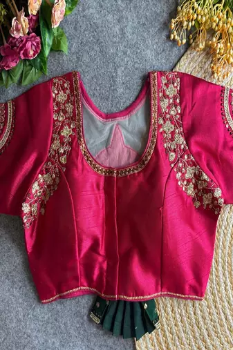 Rani pink bridal designer readymade blouse for women | couple embroidery back blouse with zari & sequins work