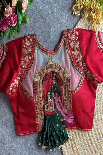 Maroon bridal designer readymade blouse for women | zari embroidered silk blouse with net back neck design