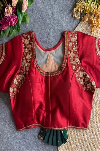 Maroon bridal designer readymade blouse for women | zari embroidered silk blouse with net back neck design