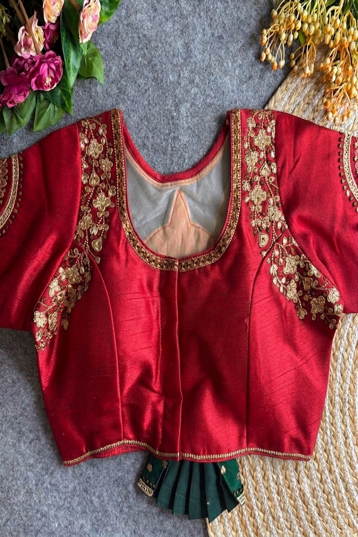 Maroon bridal designer readymade blouse for women | zari embroidered silk blouse with net back neck design