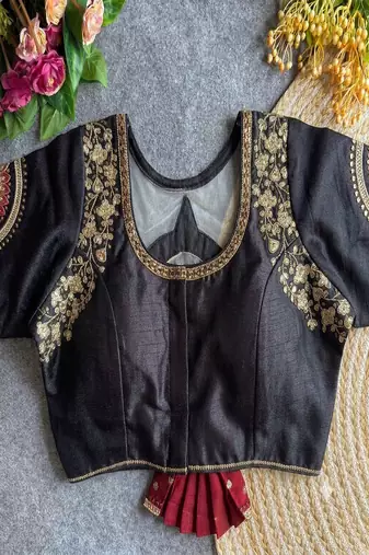 Black bridal designer readymade blouse for women | zari embroidered silk blouse with designer net back neck