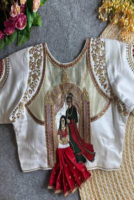 White bridal designer readymade blouse for women | royal couple embroidery back blouse with zari work 1