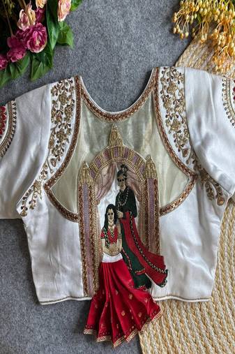 White bridal designer readymade blouse for women | royal couple embroidery back blouse with zari work