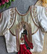 White bridal designer readymade blouse for women | royal couple embroidery back blouse with zari work