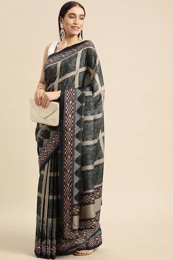 Green geometric printed poly silk casual saree with blouse piece