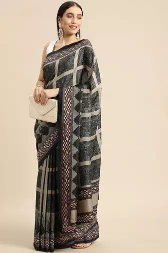Green geometric printed poly silk casual saree with blouse piece