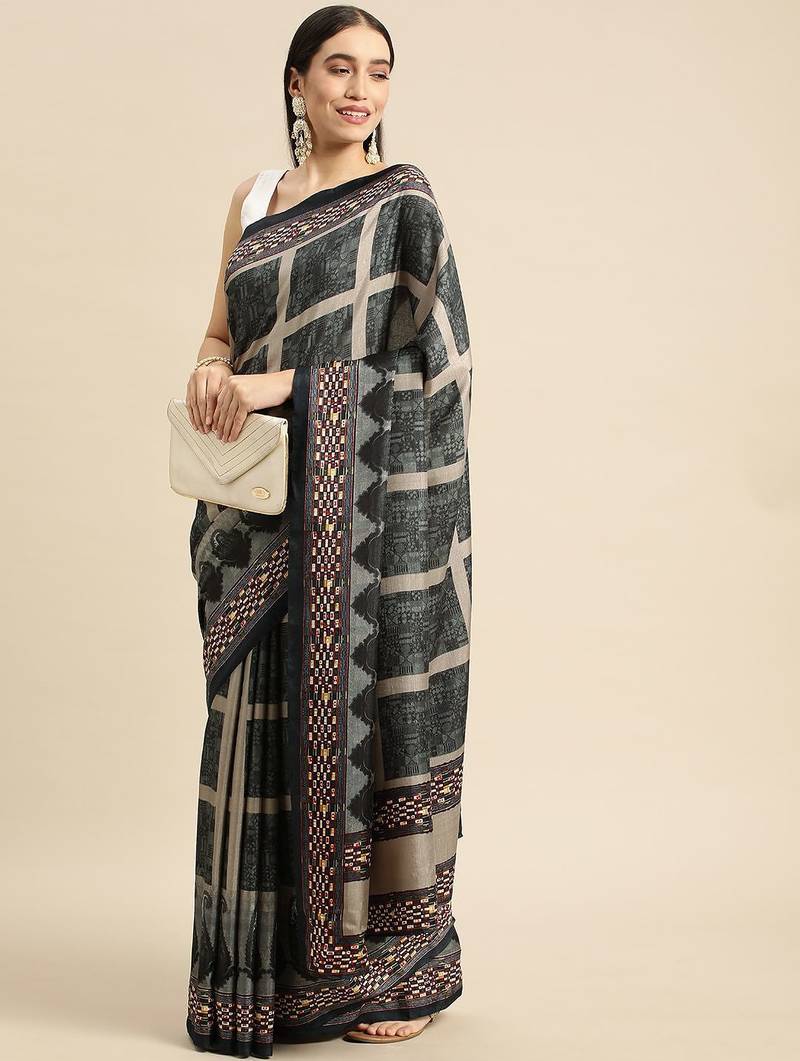Green geometric printed poly silk casual saree with blouse piece