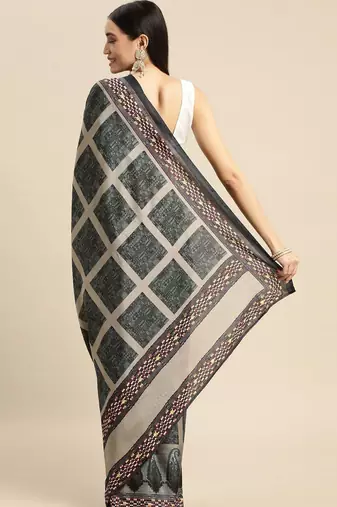 Green geometric printed poly silk casual saree with blouse piece