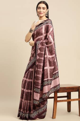 Magenta geometric printed poly silk casual saree with blouse piece