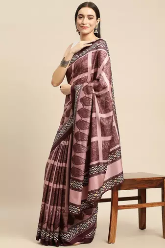 Magenta geometric printed poly silk casual saree with blouse piece