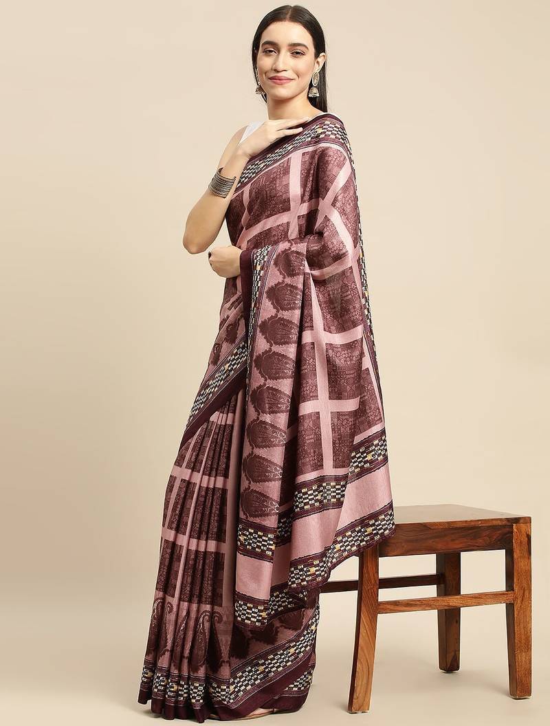Magenta geometric printed poly silk casual saree with blouse piece