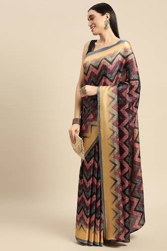 Multi geometric printed poly silk casual saree with blouse piece