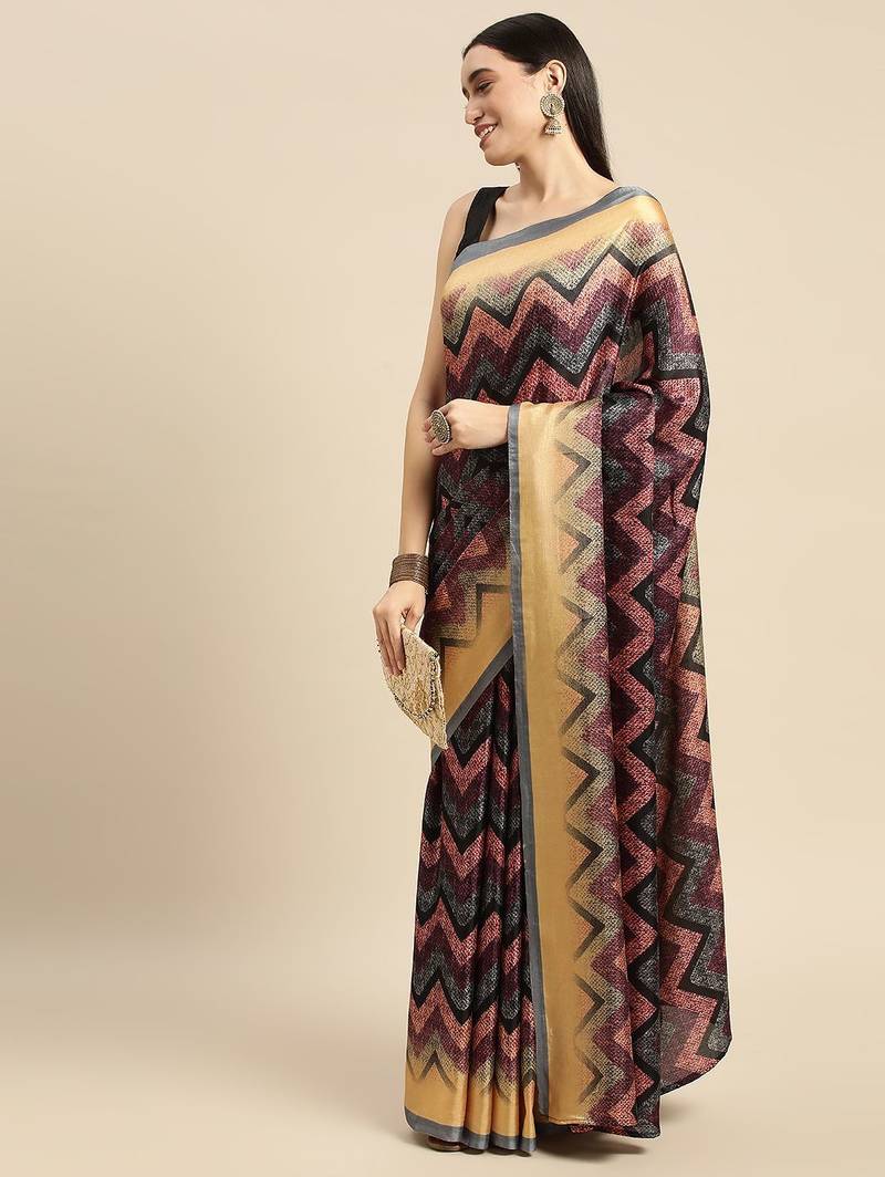 Multi geometric printed poly silk casual saree with blouse piece