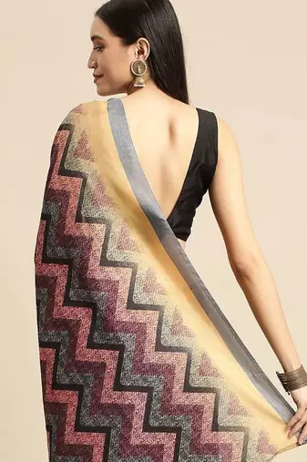 Multi geometric printed poly silk casual saree with blouse piece