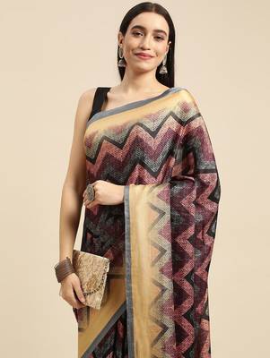 Multi geometric printed poly silk casual saree with blouse piece 3