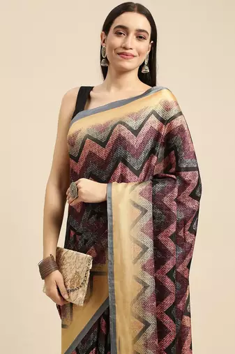 Multi geometric printed poly silk casual saree with blouse piece