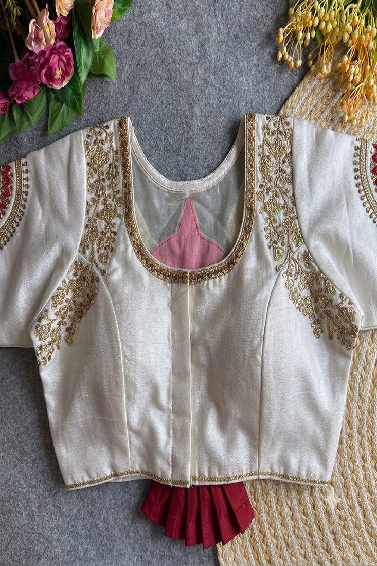 White bridal designer readymade blouse for women | royal couple embroidery back blouse with zari work
