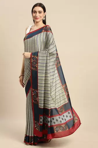Multi printed satin fashion saree with blouse piece