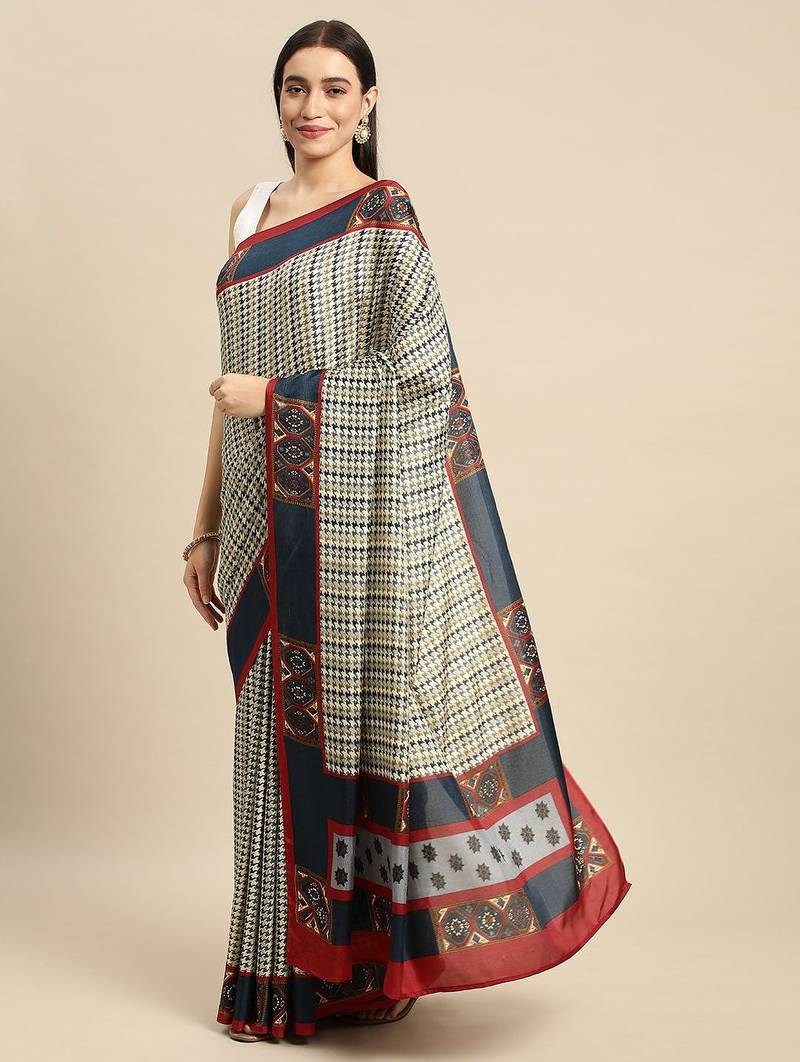 Multi printed satin fashion saree with blouse piece
