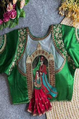 Green bridal designer readymade blouse for women | zari embroidered silk blouse with designer back neck 1