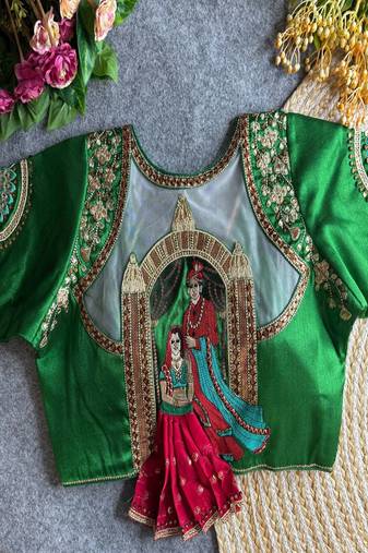 Green bridal designer readymade blouse for women | zari embroidered silk blouse with designer back neck