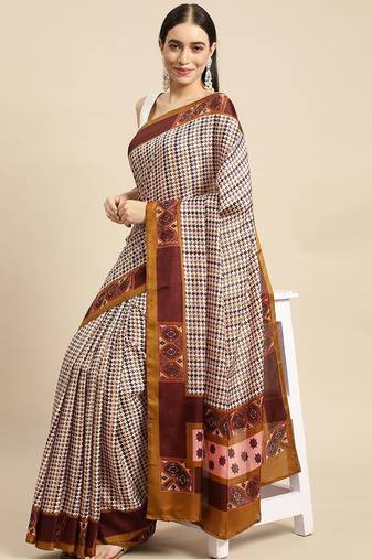 Purple printed satin fashion saree with blouse piece