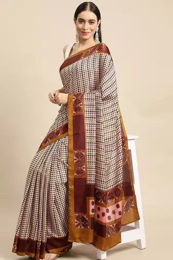 Purple printed satin fashion saree with blouse piece