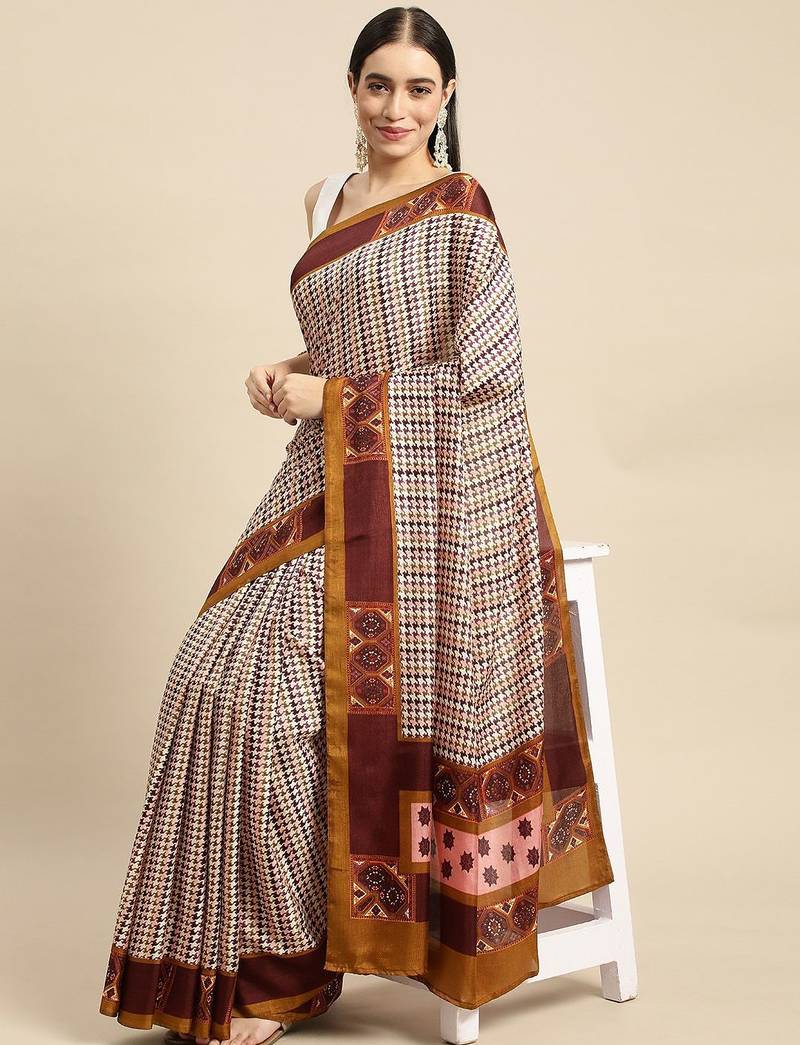 Purple printed satin fashion saree with blouse piece