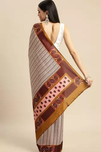 Purple printed satin fashion saree with blouse piece